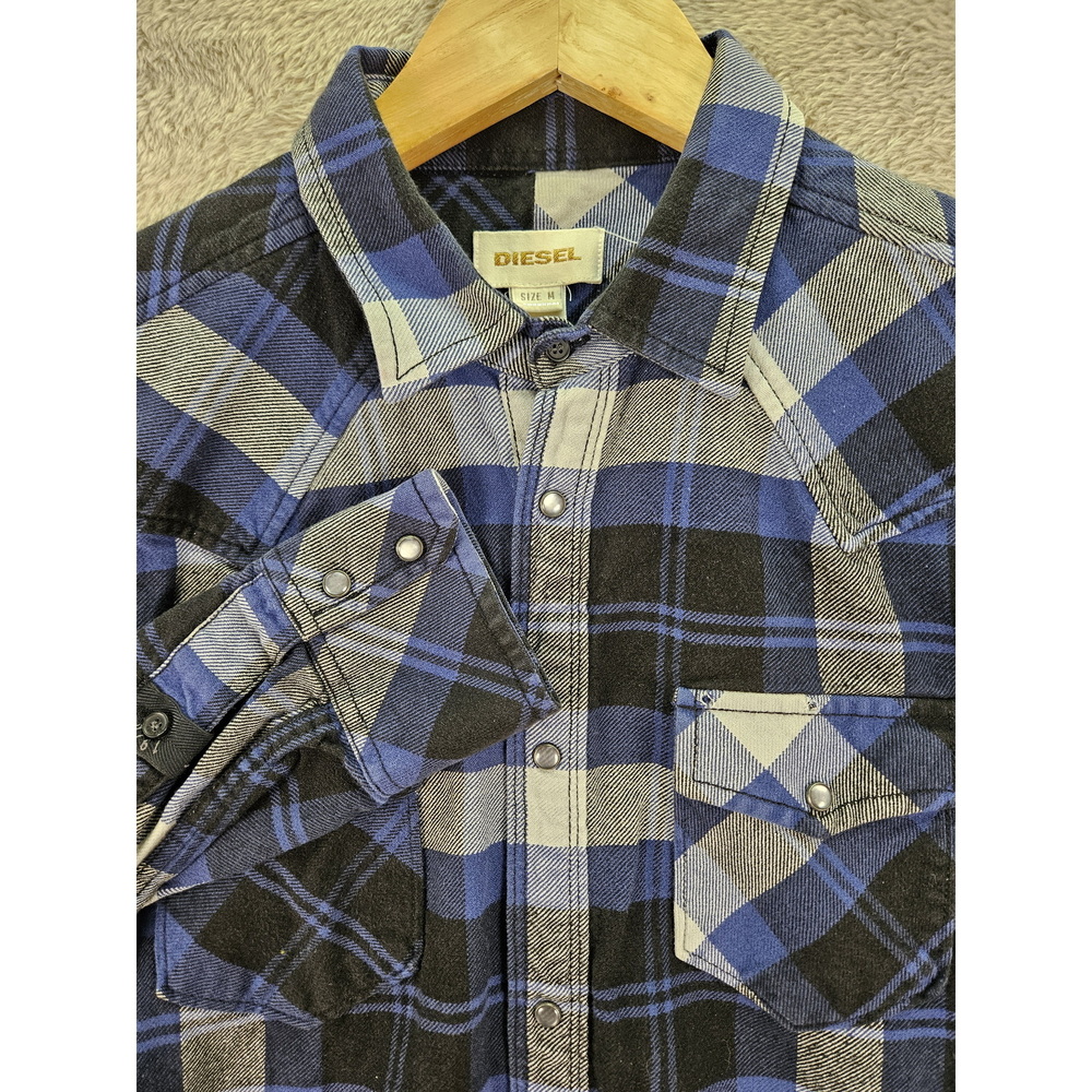 Diesel Flannel Shirt Pearl Snap Buttons Blue Black White Plaid Size M